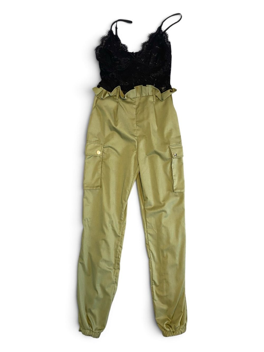 Olive Green High-Waist Cargo Pants Black Lace Cami Bodice Jumpsuit S Whimsigoth